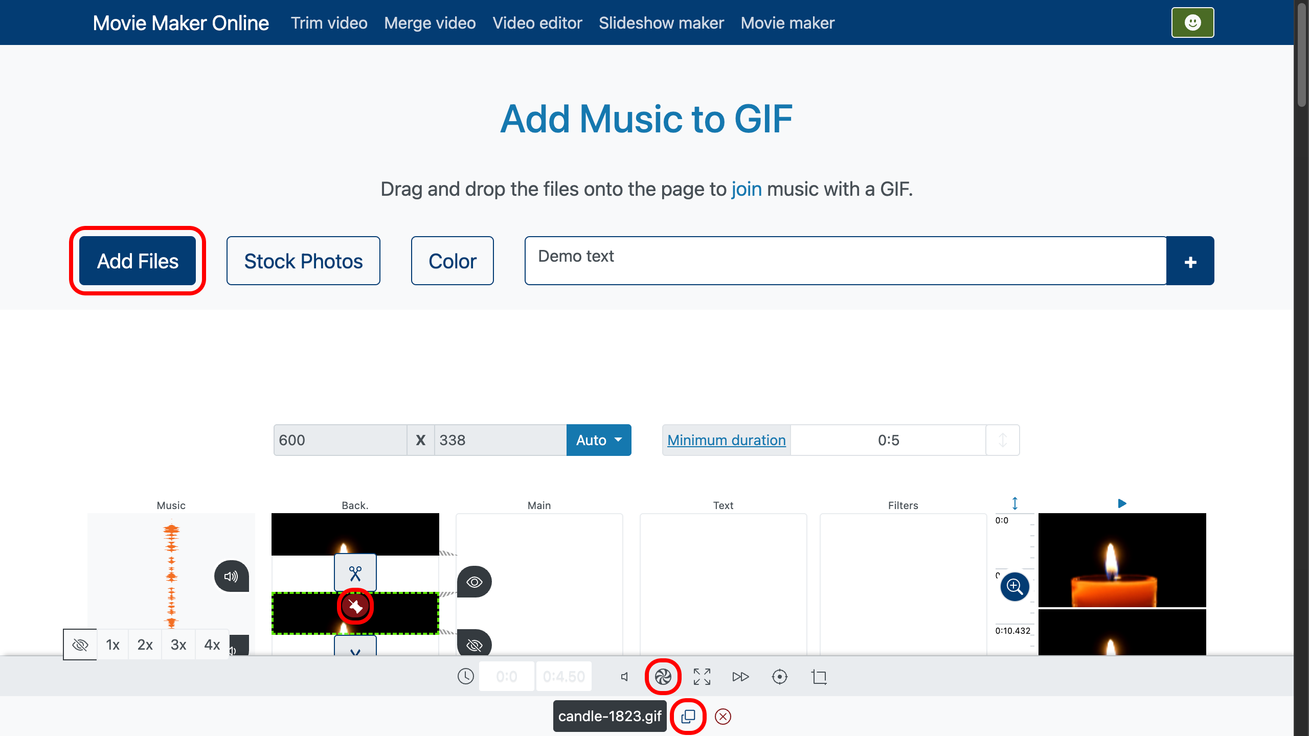 gif में संगीत जोड़ें - फ़ाइलें अपलोड करें, ट्रांज़िशन सेट करें